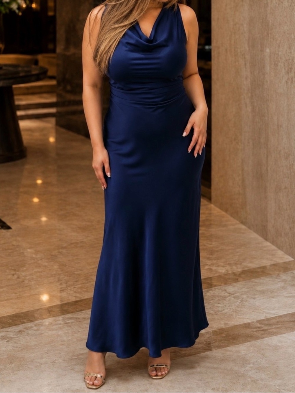 Bebe Elegant Navy Cowl Neck Evening Dress - Picture 1 of 1